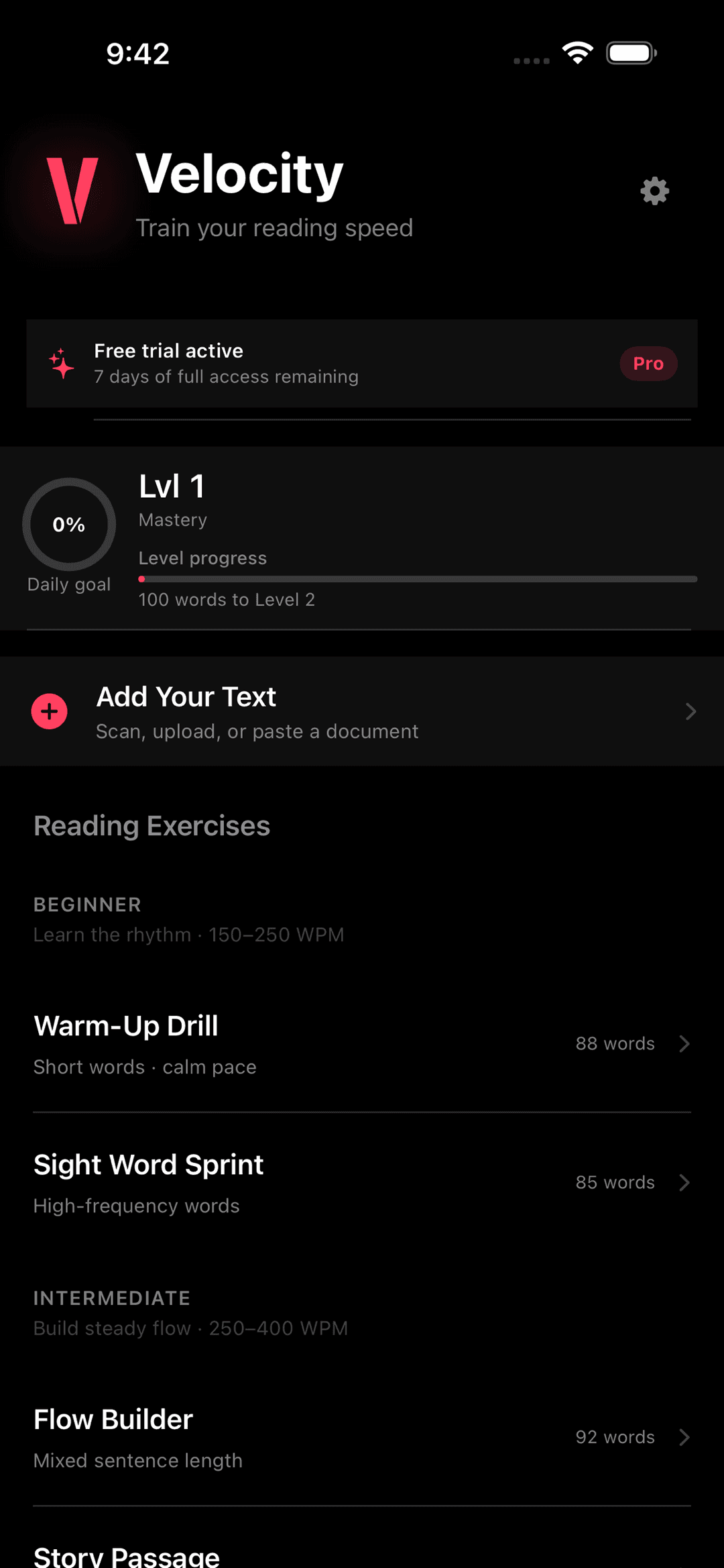 Velocity library home screen with exercises and import